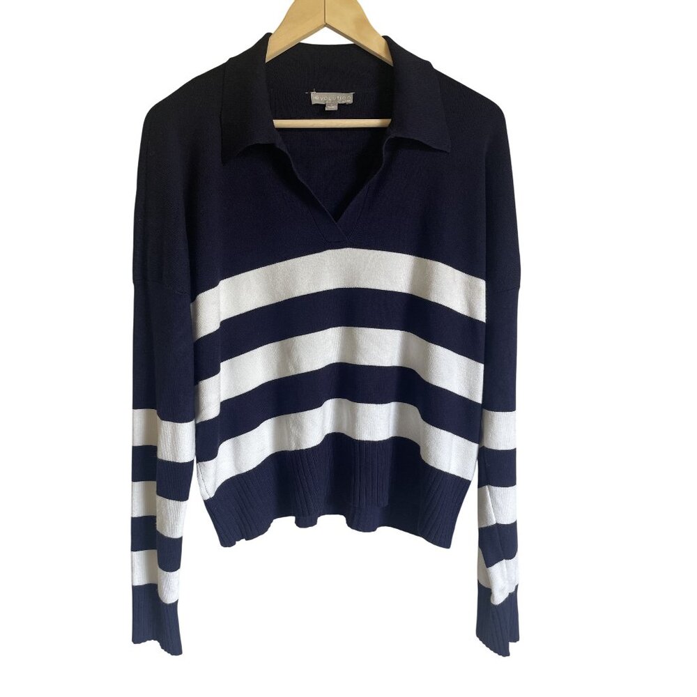 Evolution by Cyrus Navy Blue White Knit Top Collared Long Sleeve Size Large Rayo